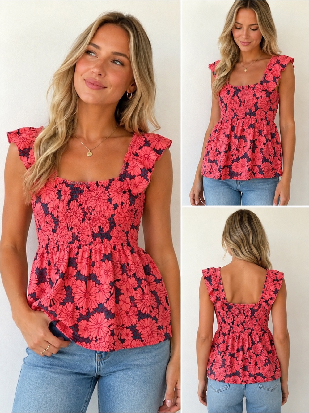 Floral Smocked Peplum Tank Top - Coral Pink